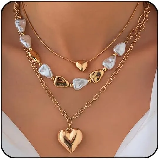 Gold Chunky Necklace for Women Trendy Baroque Pearl Statement Necklaces Big Heart Pendant OT Toggle Necklace Layered Silver Heart Chunky Jewelry