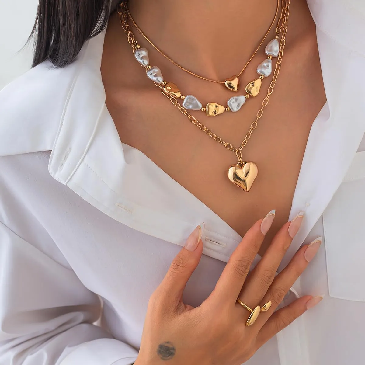 Gold Chunky Necklace for Women Trendy Baroque Pearl Statement Necklaces Big Heart Pendant OT Toggle Necklace Layered Silver Heart Chunky Jewelry