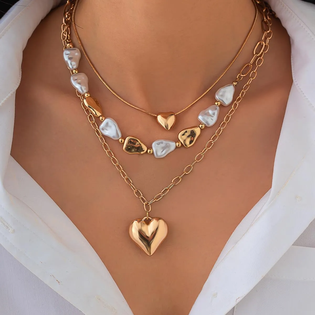 Gold Chunky Necklace for Women Trendy Baroque Pearl Statement Necklaces Big Heart Pendant OT Toggle Necklace Layered Silver Heart Chunky Jewelry