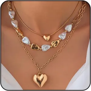 Gold Chunky Necklace for Women Trendy Baroque Pearl Statement Necklaces Big Heart Pendant OT Toggle Necklace Layered Silver Heart Chunky Jewelry
