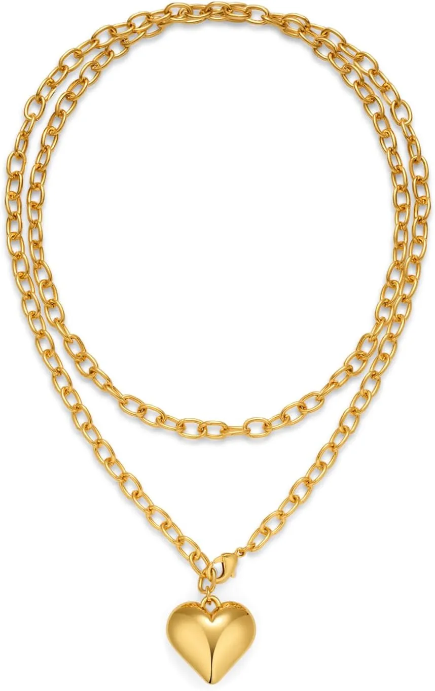 Gold Heart Necklace for Women Long Layered Chain Choker with Puffy Heart Pendant Layered Necklace