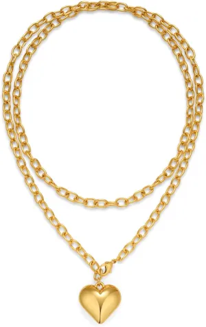 Gold Heart Necklace for Women Long Layered Chain Choker with Puffy Heart Pendant Layered Necklace