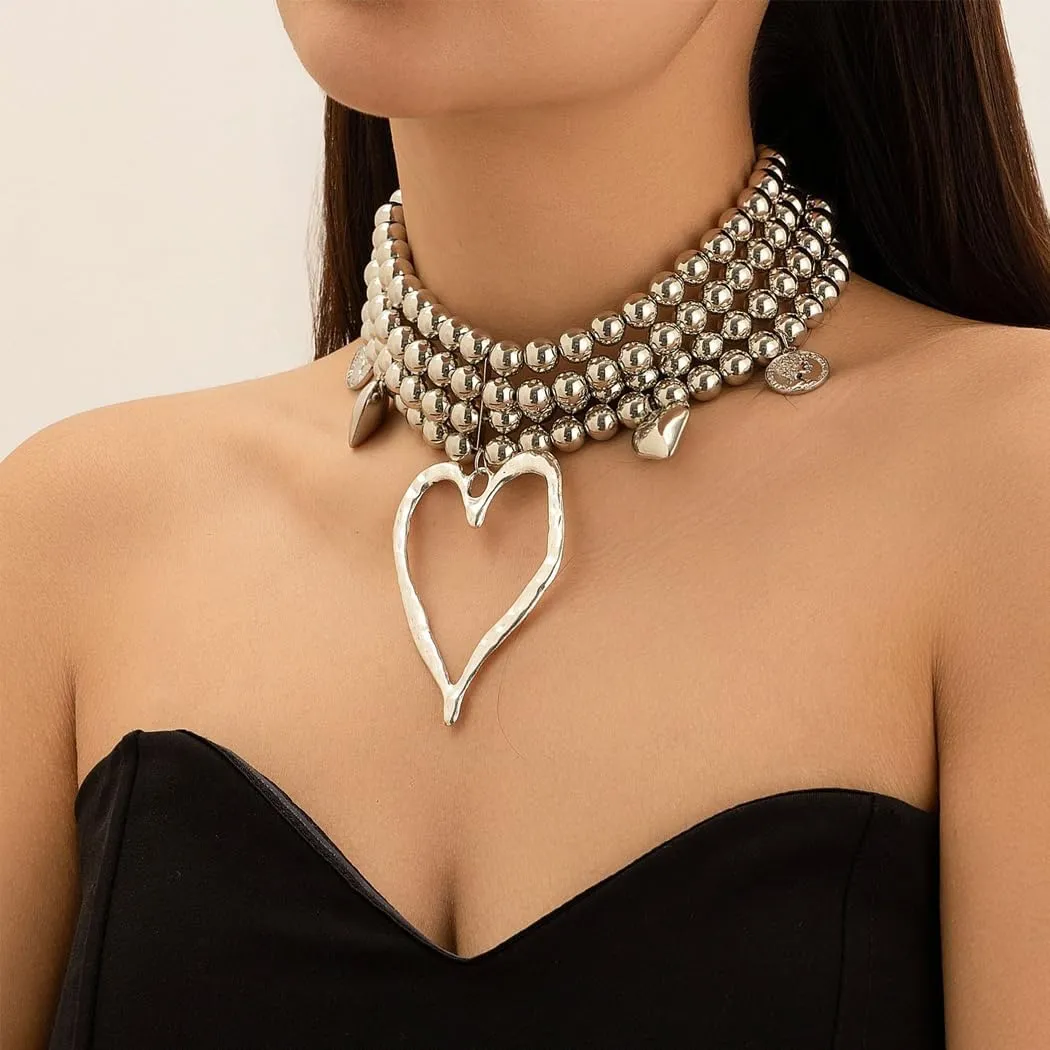 Gold Heart Pendant Pearl Layered Choker Necklace for Women Adjustable Large Hollow Love Beaded Chain Necklace Exaggerated Statement Jewelry Gift