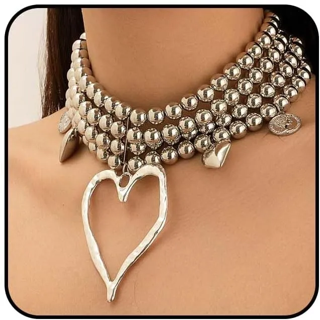 Gold Heart Pendant Pearl Layered Choker Necklace for Women Adjustable Large Hollow Love Beaded Chain Necklace Exaggerated Statement Jewelry Gift