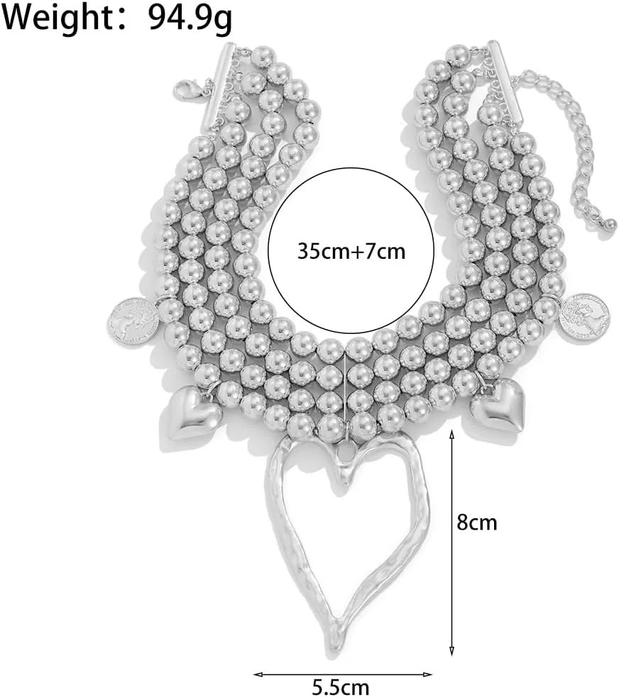 Gold Heart Pendant Pearl Layered Choker Necklace for Women Adjustable Large Hollow Love Beaded Chain Necklace Exaggerated Statement Jewelry Gift
