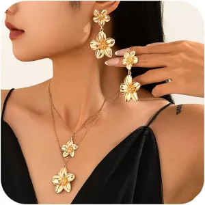 Gold Hibiscus Necklace Earrings Set for Women Big Double Hibiscus Flower Drop Earrings Trendy Gold Layered Flower Pendant Necklace Summer Spring Floral Jewelry Accessories