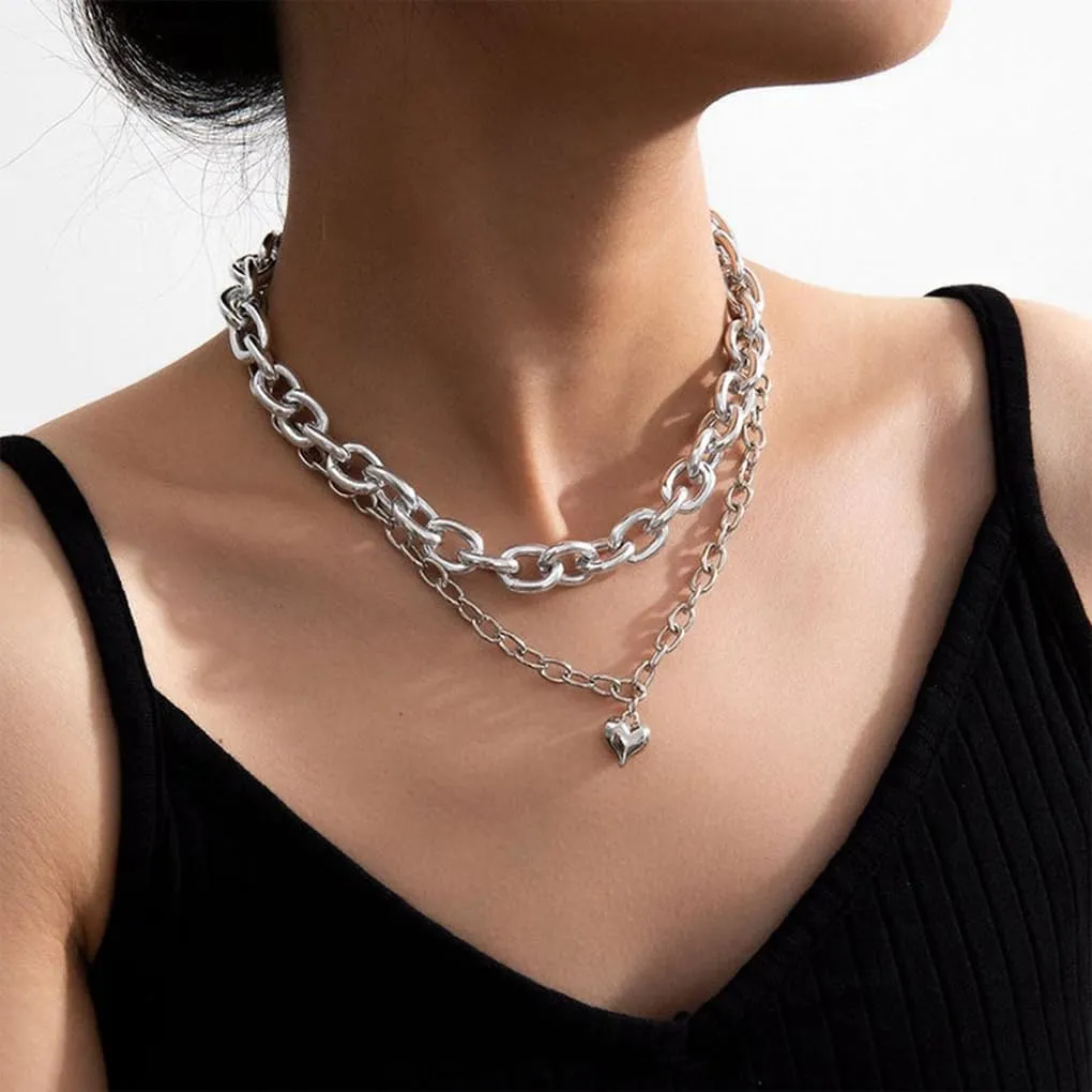 Gold Layered Chunky Heart Pendant Necklaces for Women, Charm Silver Love Statement Choker Thick Link Chain Necklace Trendy Y2k Jewelry Gifts