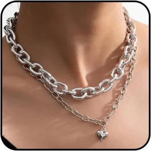 Gold Layered Chunky Heart Pendant Necklaces for Women, Charm Silver Love Statement Choker Thick Link Chain Necklace Trendy Y2k Jewelry Gifts