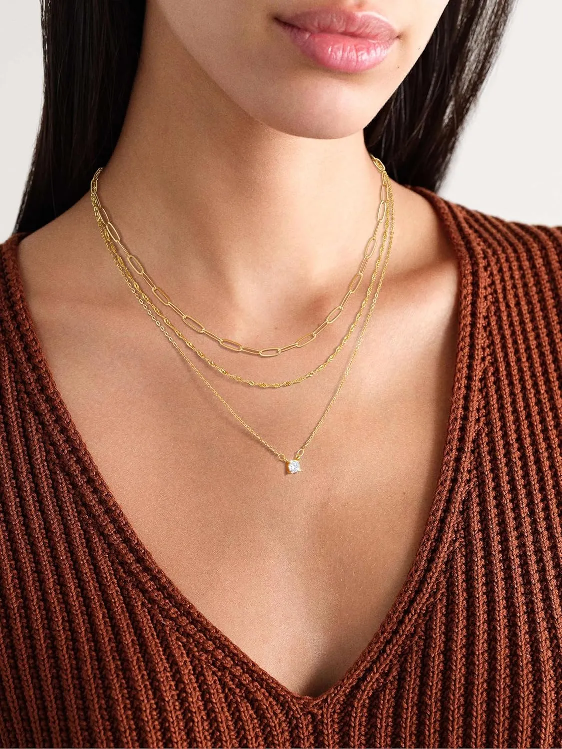 Gold Layered Necklace for Women, Dainty 14K Gold Plated Non-Tarnish Irregular Circle Pendant Choker Paperclip Chain Necklaces, Minimalist Trendy Stackable Necklace Jewelry Gift for Mom