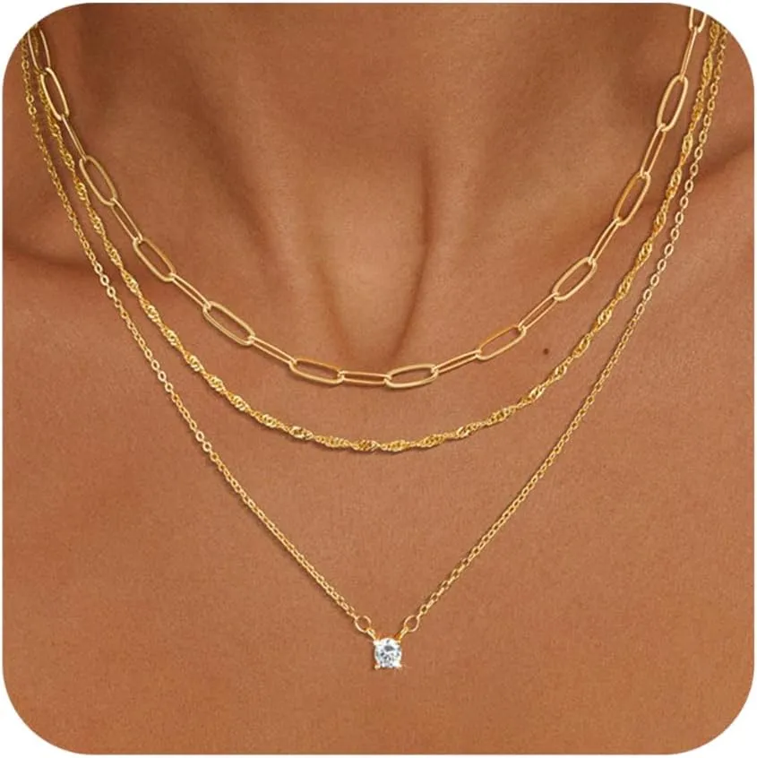 Gold Layered Necklace for Women, Dainty 14K Gold Plated Non-Tarnish Irregular Circle Pendant Choker Paperclip Chain Necklaces, Minimalist Trendy Stackable Necklace Jewelry Gift for Mom