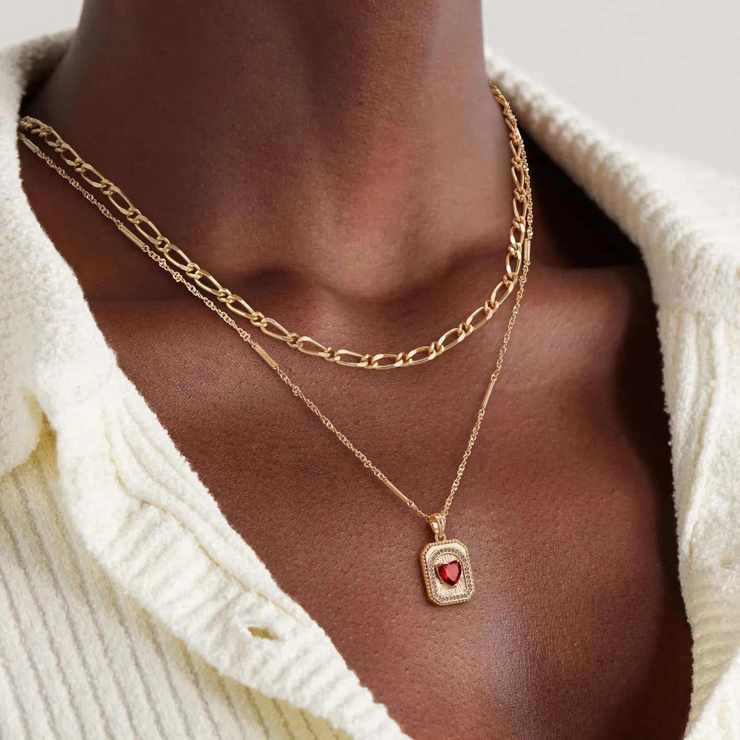 Gold Layered Necklaces Set For Women | 14K Gold Plated Handmade Cuban Link Figaro Cable Satellite Paperclip Chain Choker Necklace | CZ Heart Butterfly Square Cross Pendant Necklace Jewelry Gift Sets