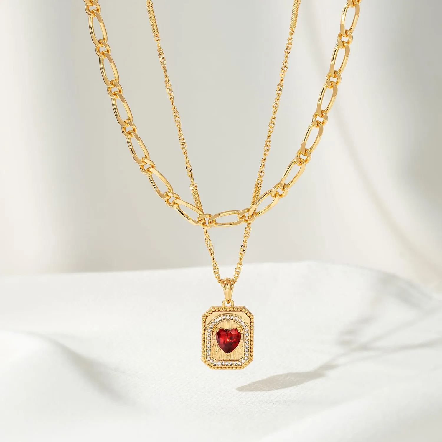 Gold Layered Necklaces Set For Women | 14K Gold Plated Handmade Cuban Link Figaro Cable Satellite Paperclip Chain Choker Necklace | CZ Heart Butterfly Square Cross Pendant Necklace Jewelry Gift Sets