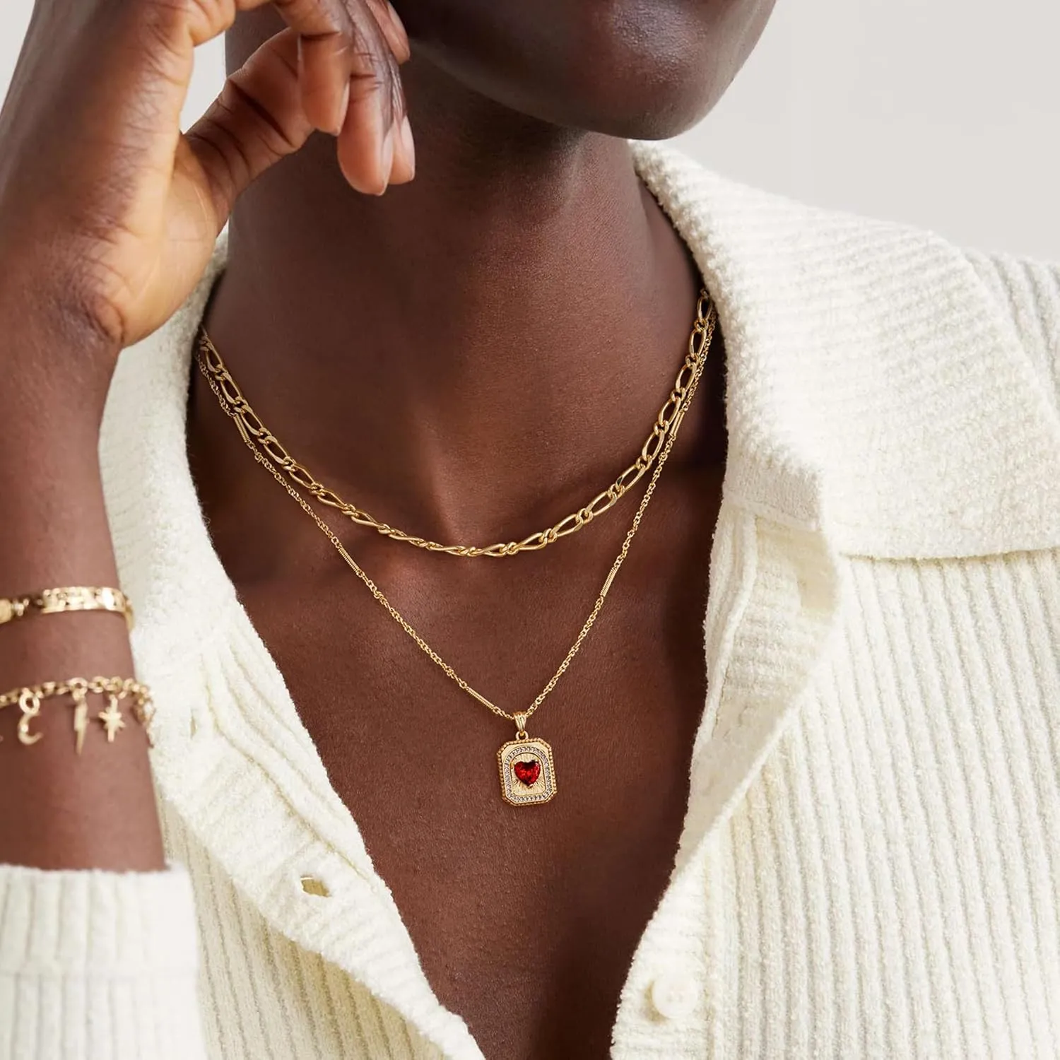 Gold Layered Necklaces Set For Women | 14K Gold Plated Handmade Cuban Link Figaro Cable Satellite Paperclip Chain Choker Necklace | CZ Heart Butterfly Square Cross Pendant Necklace Jewelry Gift Sets