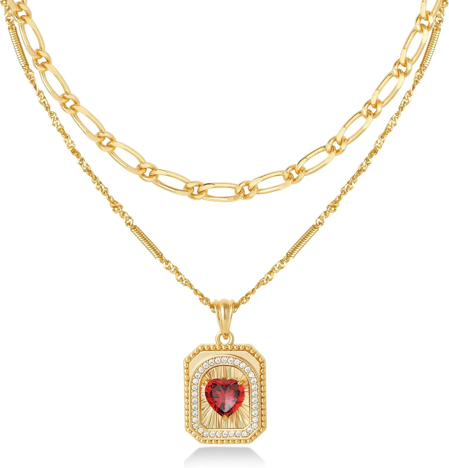 Gold Layered Necklaces Set For Women | 14K Gold Plated Handmade Cuban Link Figaro Cable Satellite Paperclip Chain Choker Necklace | CZ Heart Butterfly Square Cross Pendant Necklace Jewelry Gift Sets