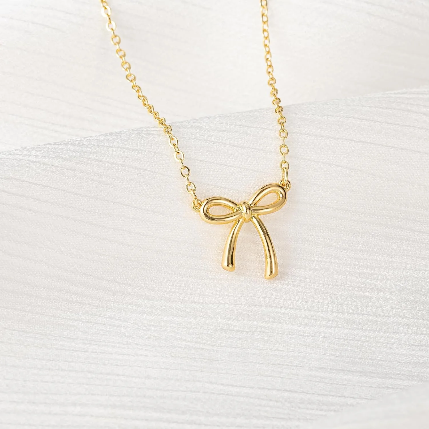 Gold Necklace for Women-14k Gold Plated Bow Necklace Cute Gold Ribbon Bow Necklace Simple Pretty Dainty CZ Bow Necklace for Women Gifts