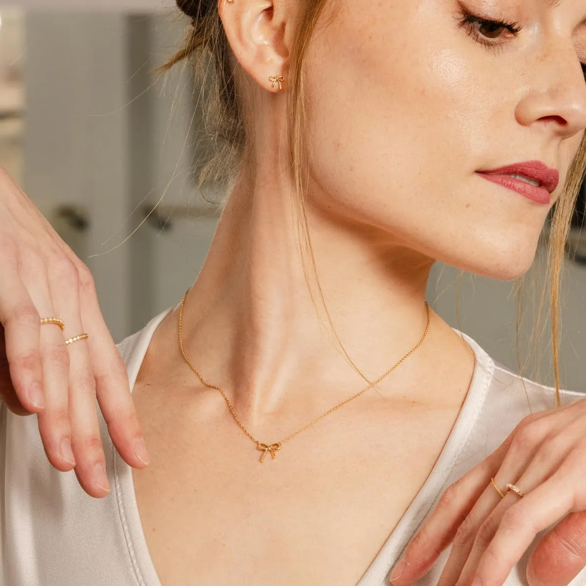 Gold Necklace for Women-14k Gold Plated Bow Necklace Cute Gold Ribbon Bow Necklace Simple Pretty Dainty CZ Bow Necklace for Women Gifts