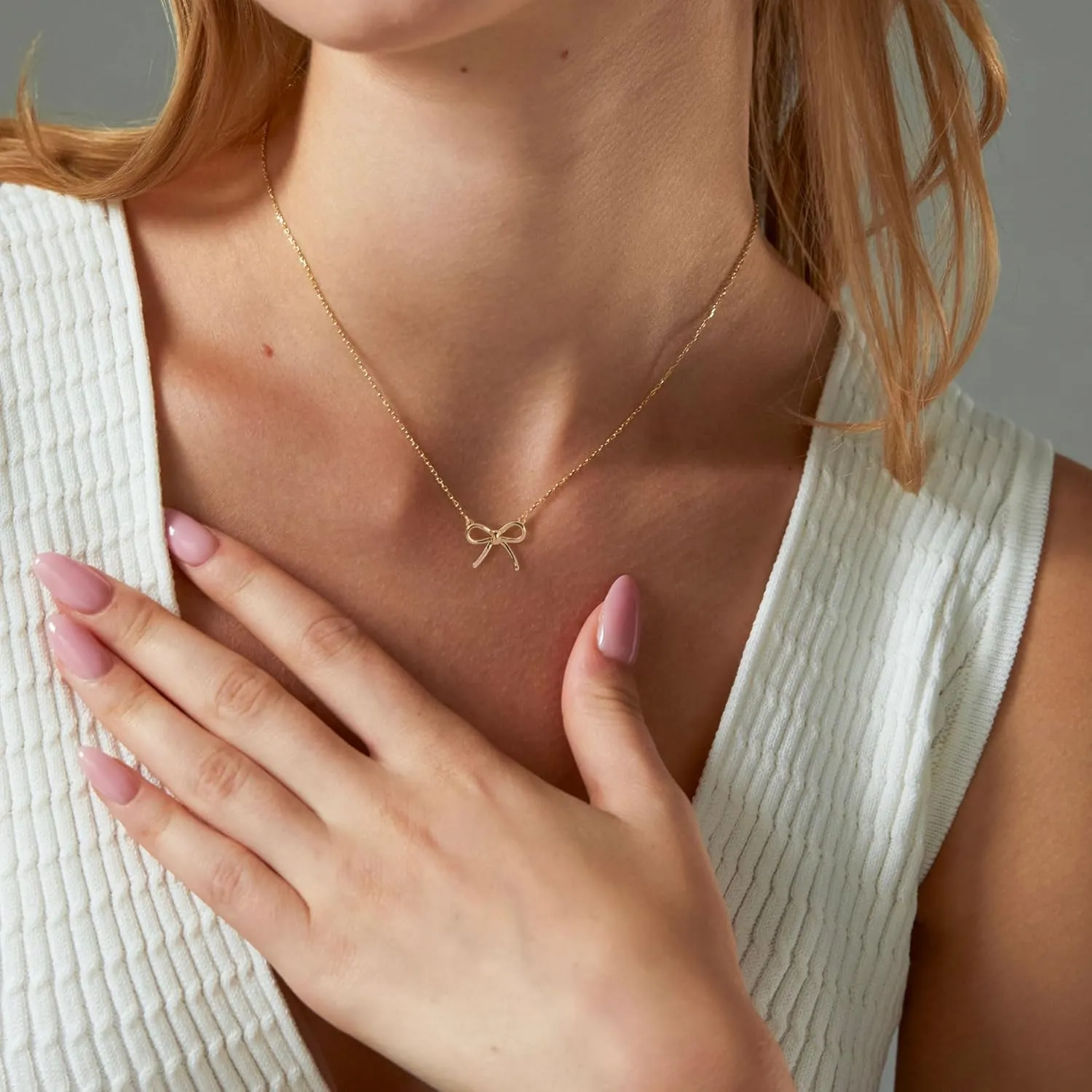 Gold Necklace for Women-14k Gold Plated Bow Necklace Cute Gold Ribbon Bow Necklace Simple Pretty Dainty CZ Bow Necklace for Women Gifts