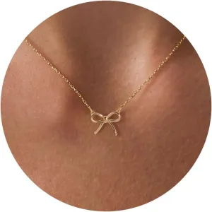 Gold Necklace for Women-14k Gold Plated Bow Necklace Cute Gold Ribbon Bow Necklace Simple Pretty Dainty CZ Bow Necklace for Women Gifts