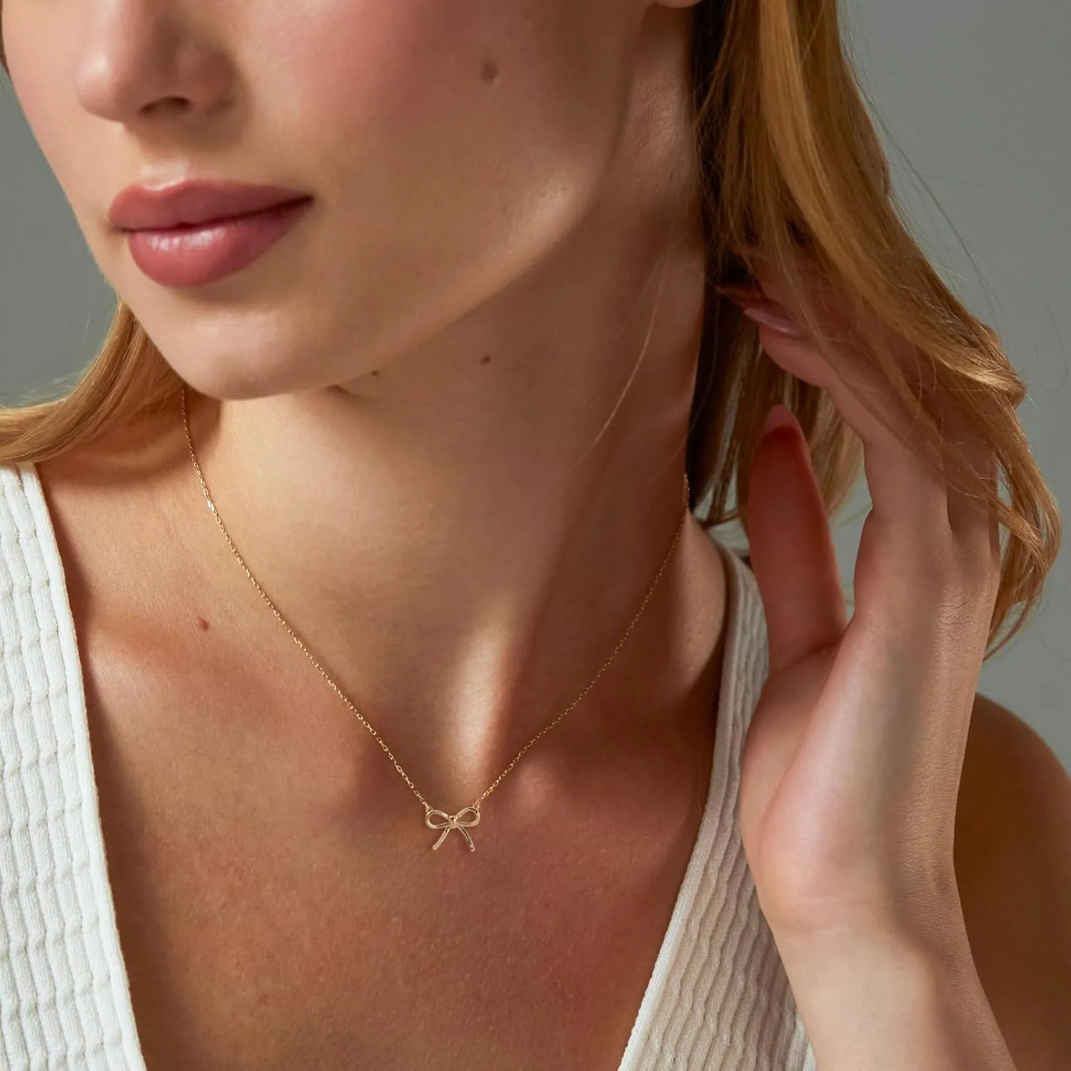 Gold Necklace for Women-14k Gold Plated Bow Necklace Cute Gold Ribbon Bow Necklace Simple Pretty Dainty CZ Bow Necklace for Women Gifts