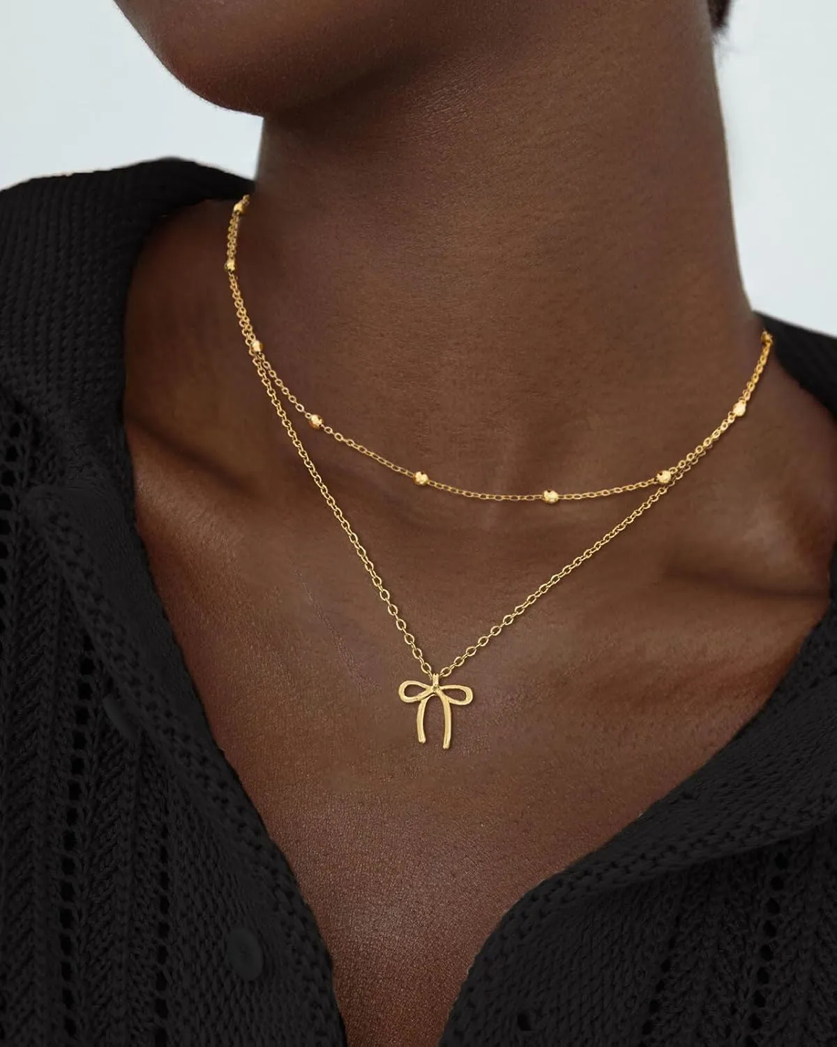 Gold Necklaces for Women Trendy, Dainty Gold Bow Necklace 14k Gold Plated Cute Layered Bow Pendant Choker Necklace for Women Christmas Gold Jewelry Gifts