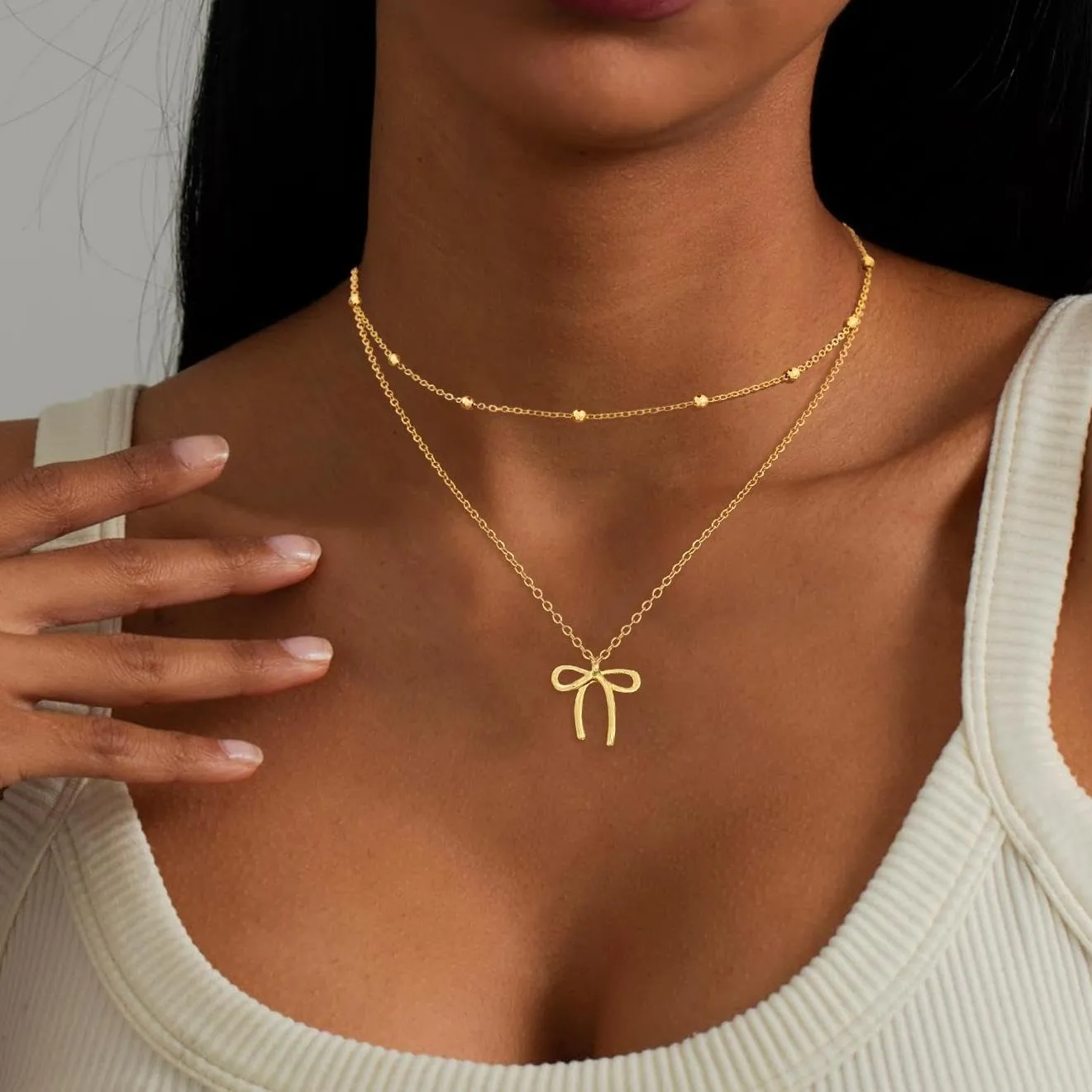 Gold Necklaces for Women Trendy, Dainty Gold Bow Necklace 14k Gold Plated Cute Layered Bow Pendant Choker Necklace for Women Christmas Gold Jewelry Gifts