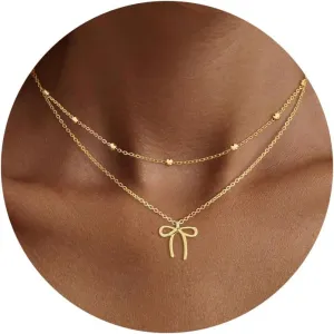 Gold Necklaces for Women Trendy, Dainty Gold Bow Necklace 14k Gold Plated Cute Layered Bow Pendant Choker Necklace for Women Christmas Gold Jewelry Gifts