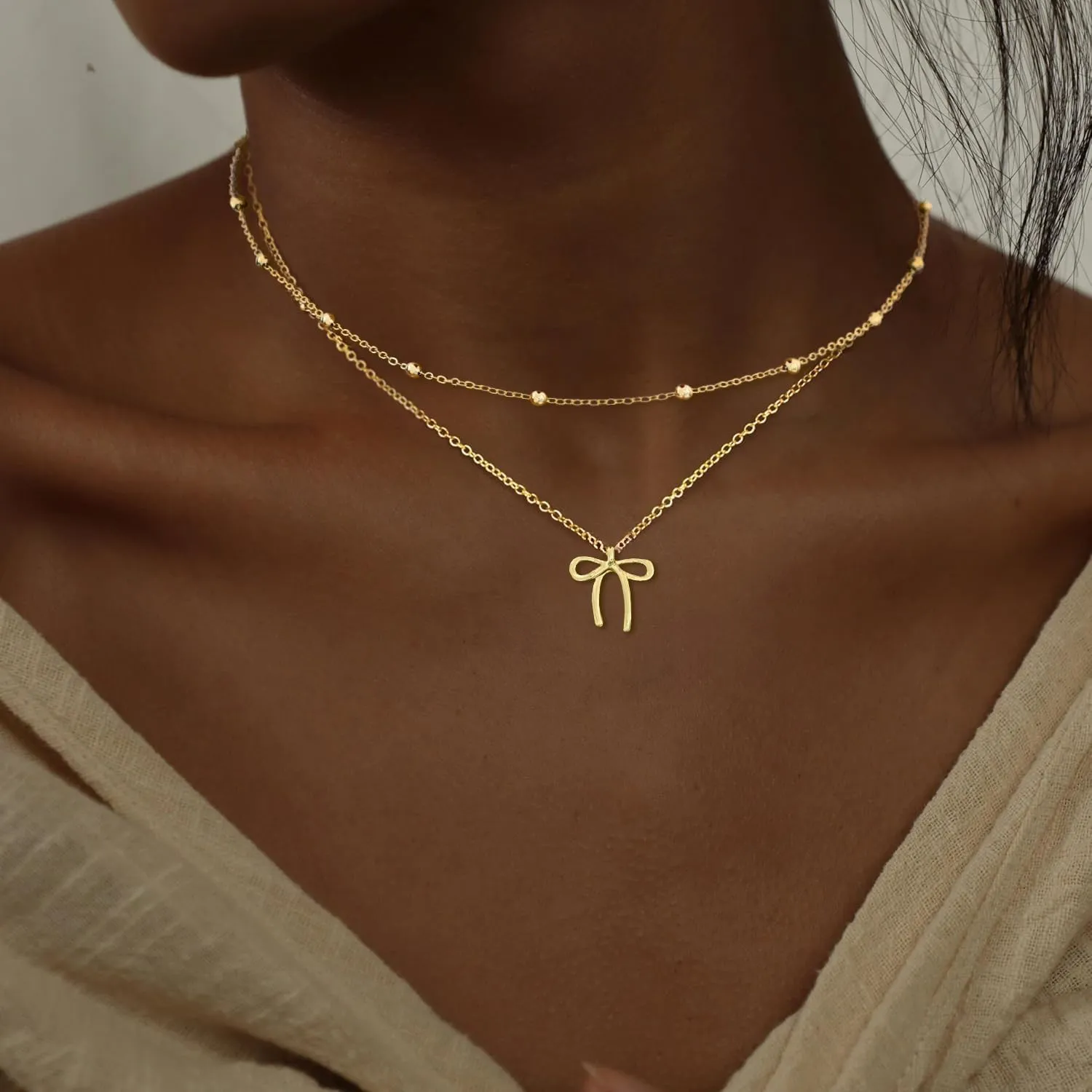 Gold Necklaces for Women Trendy, Dainty Gold Bow Necklace 14k Gold Plated Cute Layered Bow Pendant Choker Necklace for Women Christmas Gold Jewelry Gifts