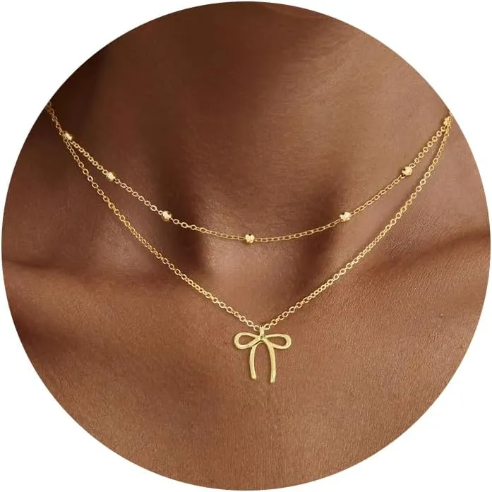 Gold Necklaces for Women Trendy, Dainty Gold Bow Necklace 14k Gold Plated Cute Layered Bow Pendant Choker Necklace for Women Christmas Gold Jewelry Gifts