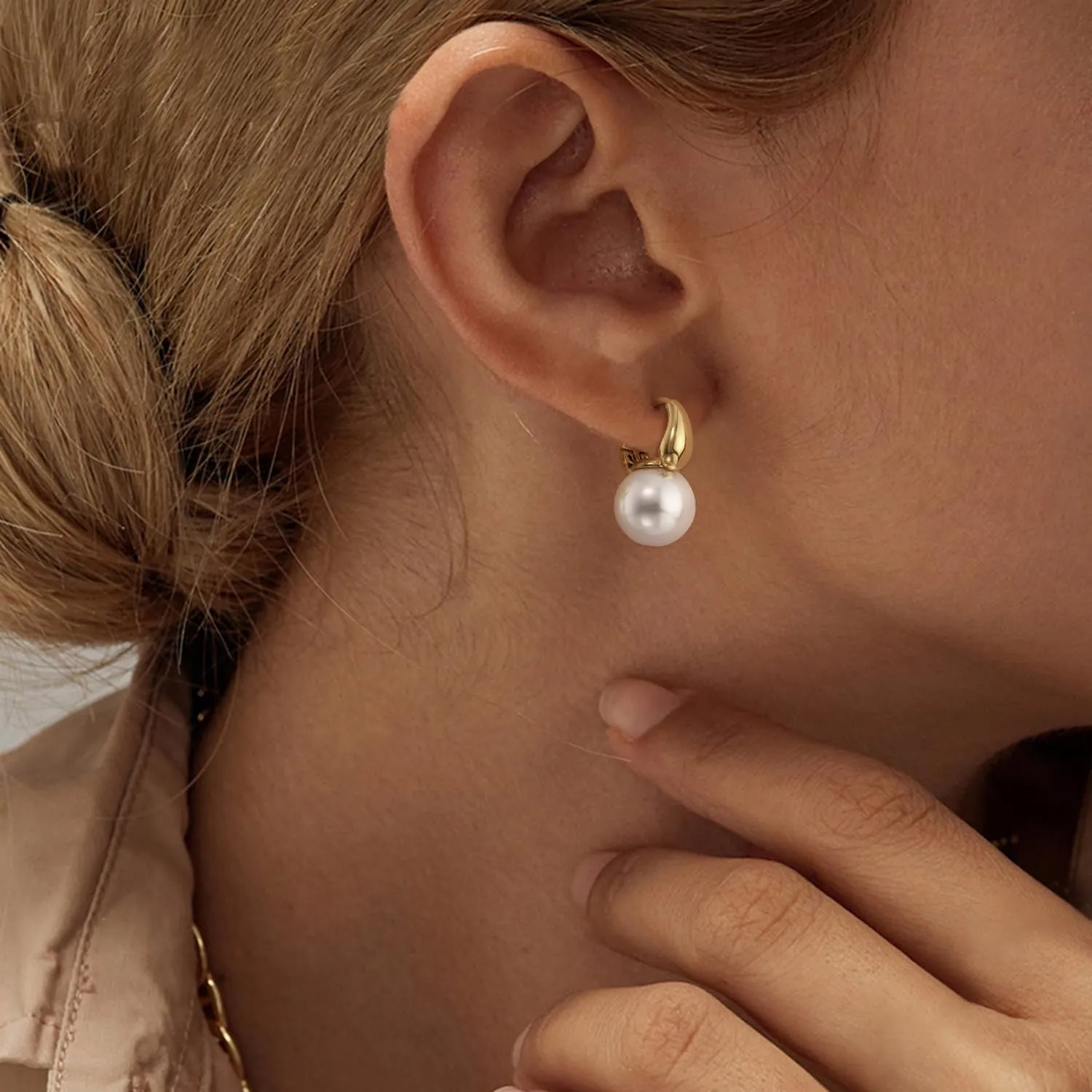 Gold Pearl Earrings for Women, 14K Gold Plated/925 Sterling Silver Pearl Drop Hoop Earrings Dangling Big Large Small Pearl Dangle Earrings Trendy Pearl Earrings Pearls Jewelry Gift for Women
