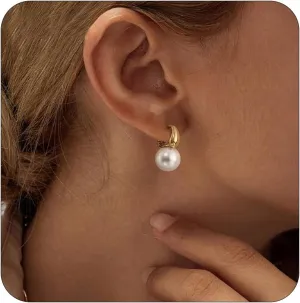 Gold Pearl Earrings for Women, 14K Gold Plated/925 Sterling Silver Pearl Drop Hoop Earrings Dangling Big Large Small Pearl Dangle Earrings Trendy Pearl Earrings Pearls Jewelry Gift for Women