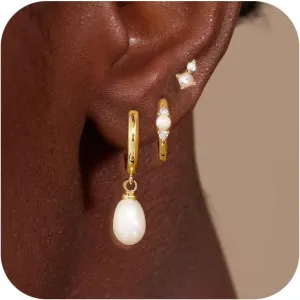 Gold Pearl Earrings Set for Women, Pearl Hoop Dangle Drop Earrings, Dainty 14K Gold Plated Hypoallergenic Earring Stacks, Jewelry Gifts for Women/MomTrendy 2025