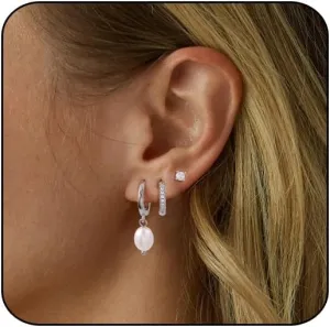 Gold Pearl Hoop Earrings for Women | 18K Gold Huggie Dangle Earrings | Lightweight Small Hoop Earrings