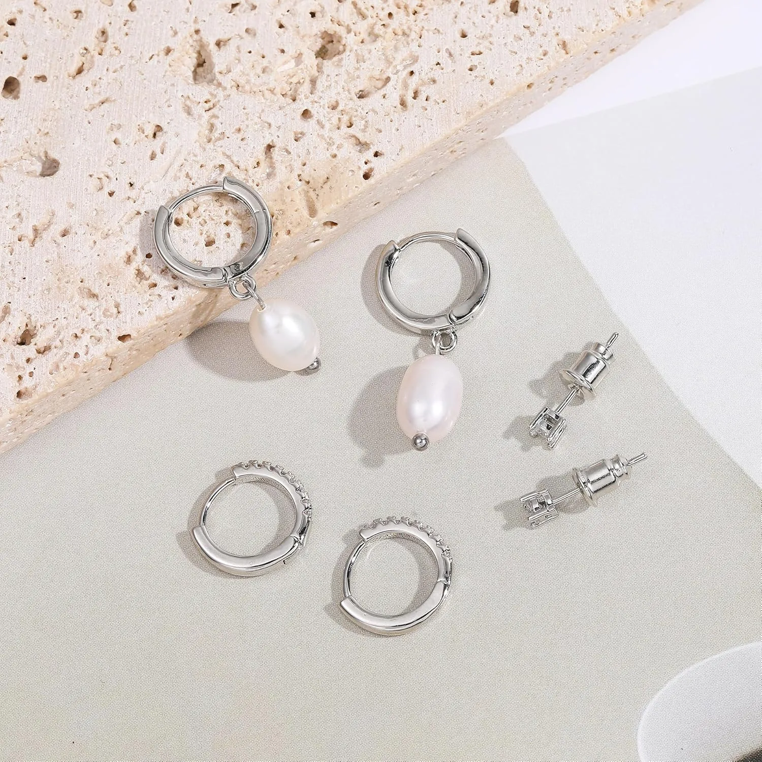Gold Pearl Hoop Earrings for Women | 18K Gold Huggie Dangle Earrings | Lightweight Small Hoop Earrings
