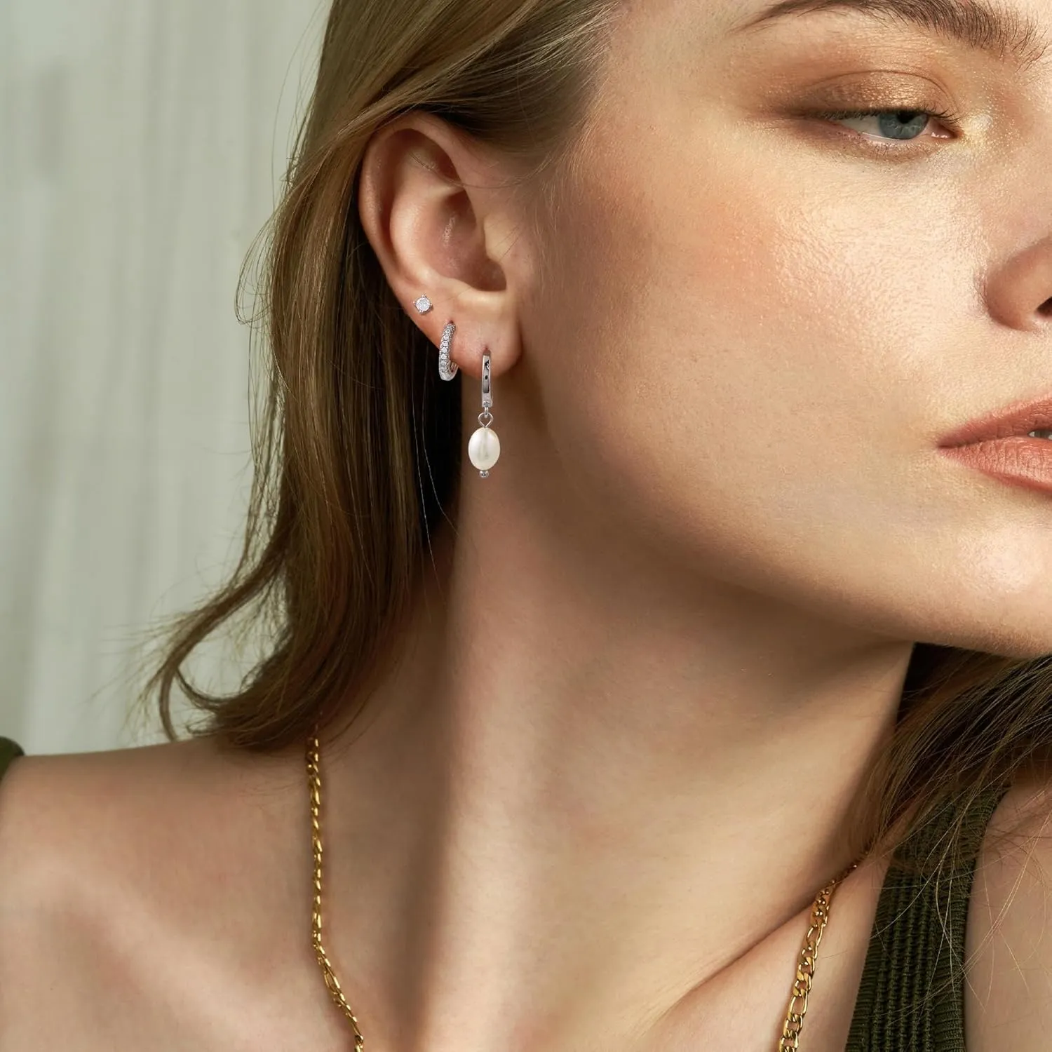 Gold Pearl Hoop Earrings for Women | 18K Gold Huggie Dangle Earrings | Lightweight Small Hoop Earrings