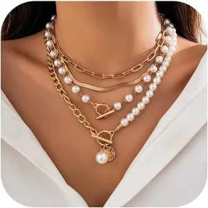 Gold Plated Layered Necklace Multilaye Chunky Layering Pearl Paperclip Chain Adjustable Layering Chain Plated Necklaces Set for Women