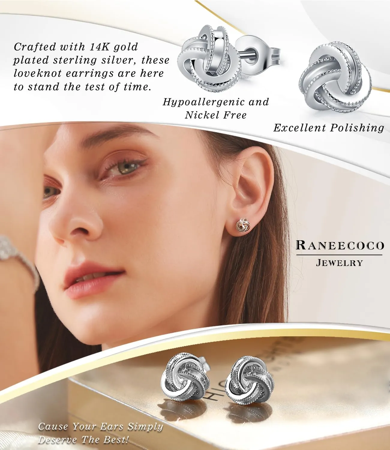 Gold Plated Sterling Silver Studs Love Knot Earrings For Women | Hypoallergenic & Nickle Free Jewelry for Sensitive Ears