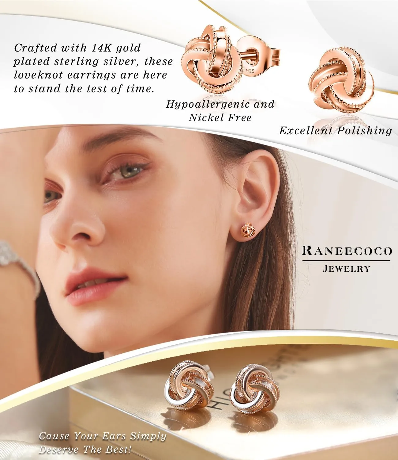 Gold Plated Sterling Silver Studs Love Knot Earrings For Women | Hypoallergenic & Nickle Free Jewelry for Sensitive Ears