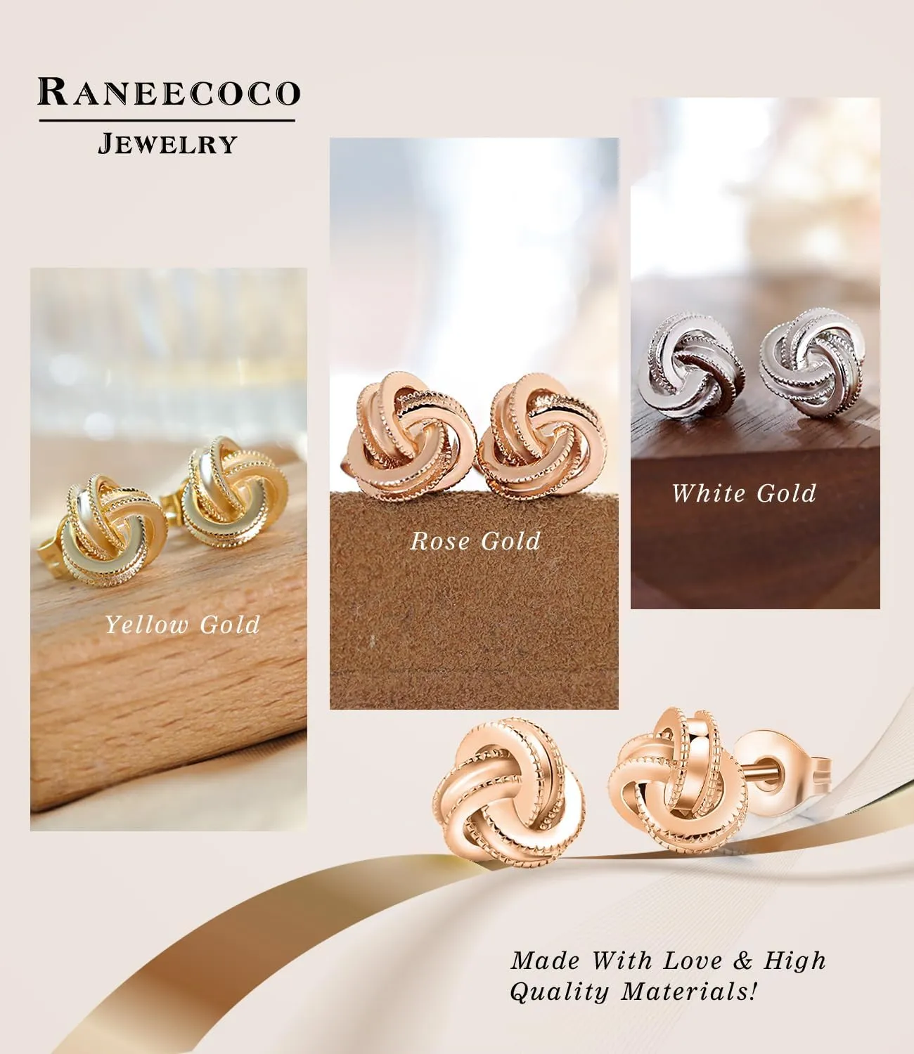 Gold Plated Sterling Silver Studs Love Knot Earrings For Women | Hypoallergenic & Nickle Free Jewelry for Sensitive Ears