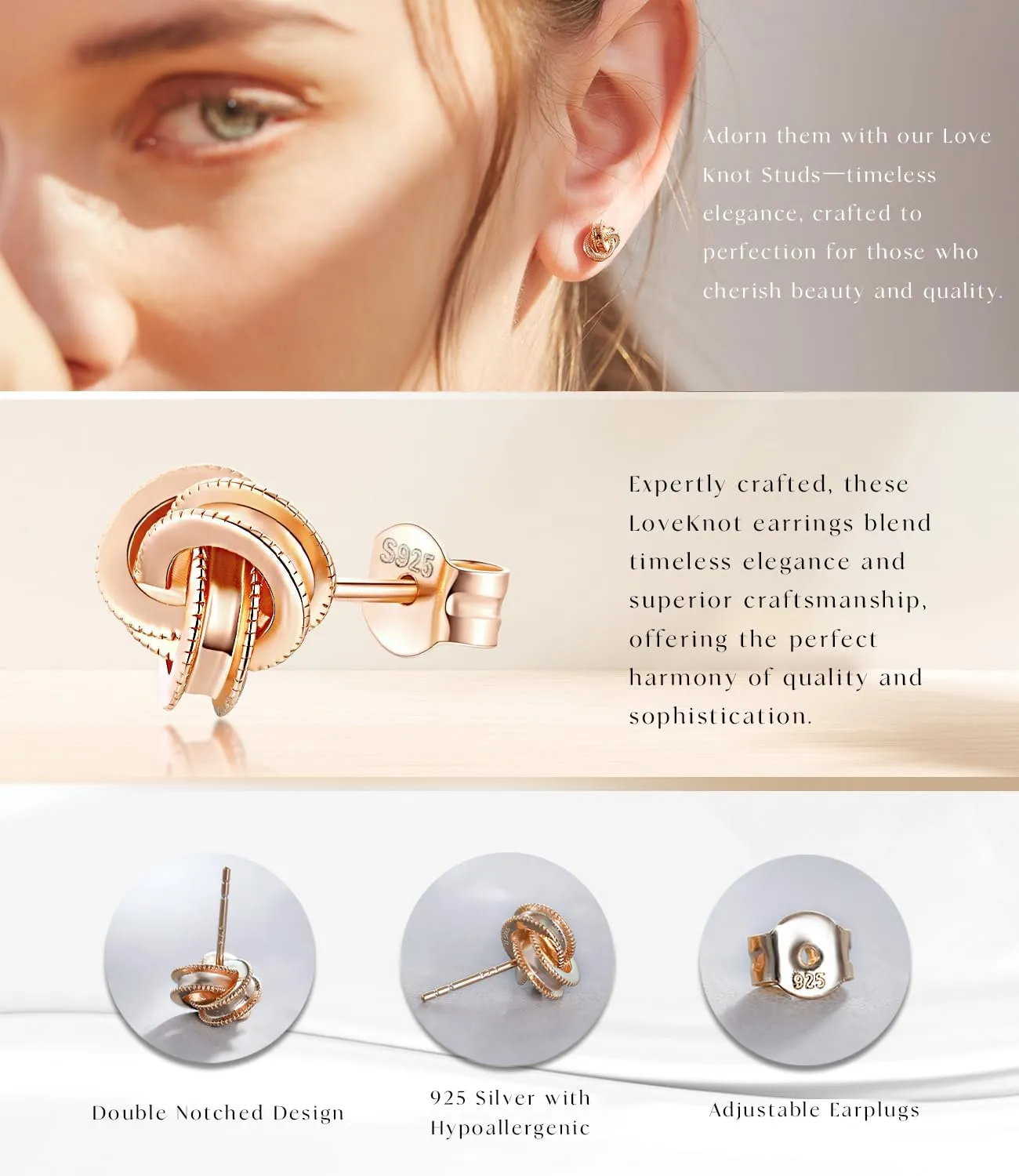 Gold Plated Sterling Silver Studs Love Knot Earrings For Women | Hypoallergenic & Nickle Free Jewelry for Sensitive Ears