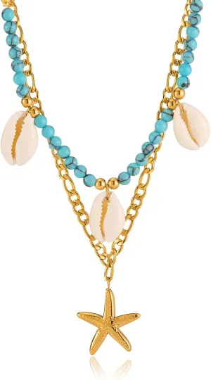 Gold Starfish Layered Necklaces for Women Summer Sea Shell Charm Necklace Unique Stainless Steels Pendant Ocean Necklace Fashion Aesthetic Beach Jewelry Gifts