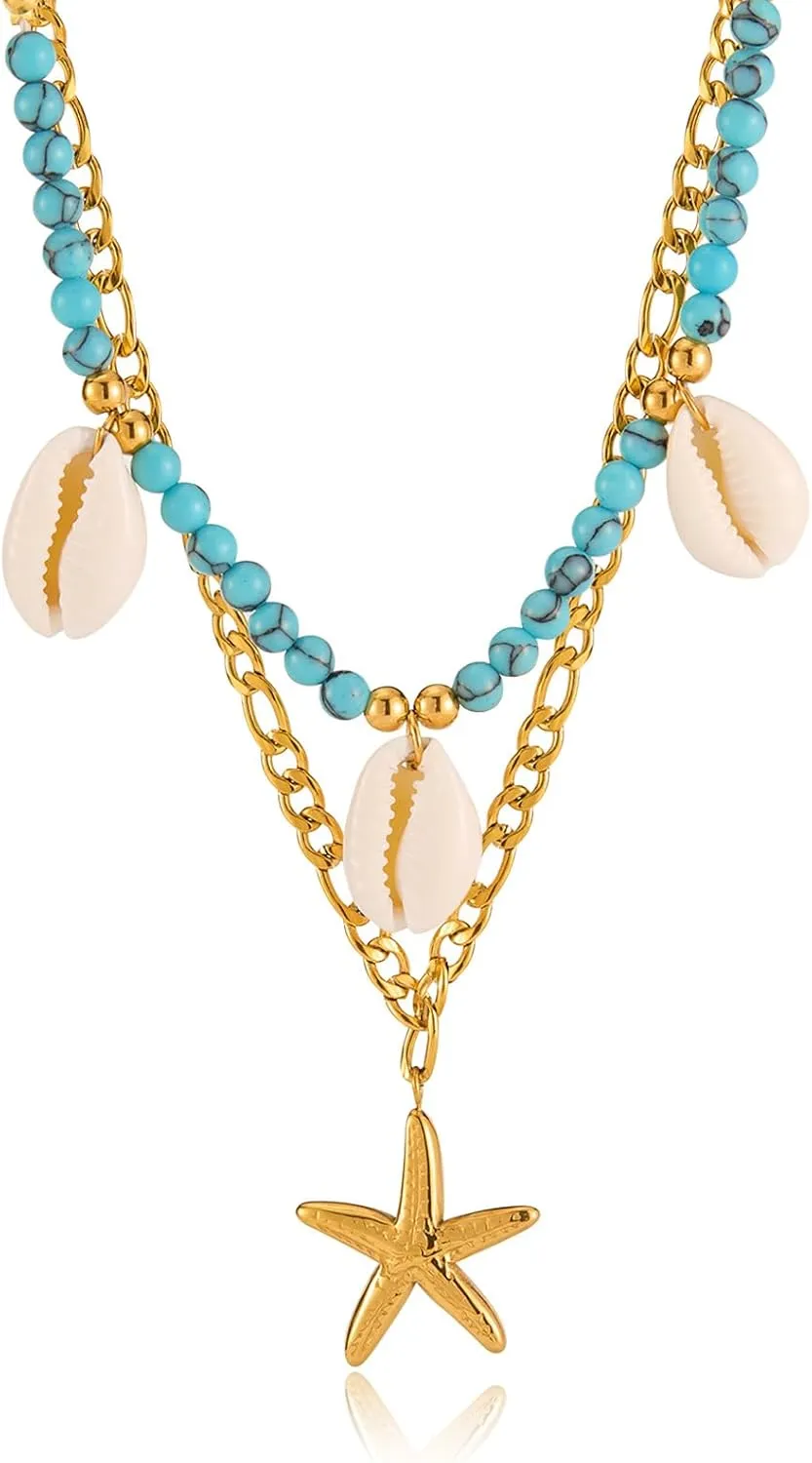 Gold Starfish Layered Necklaces for Women Summer Sea Shell Charm Necklace Unique Stainless Steels Pendant Ocean Necklace Fashion Aesthetic Beach Jewelry Gifts