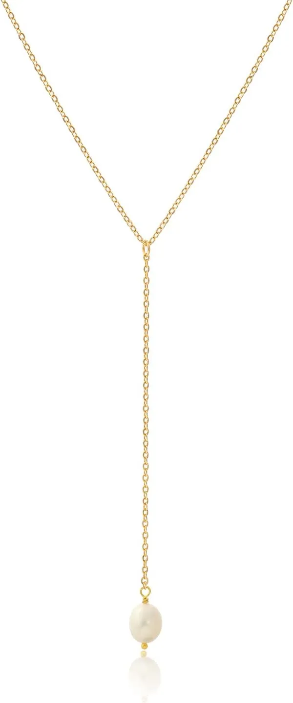 Gold Y Necklace for Women,Dainty Lariat Necklace,Y Shaped Pearl Necklaces,CZ Diamond Crystal Stone Drop Pendant Necklace,18K Gold Plated