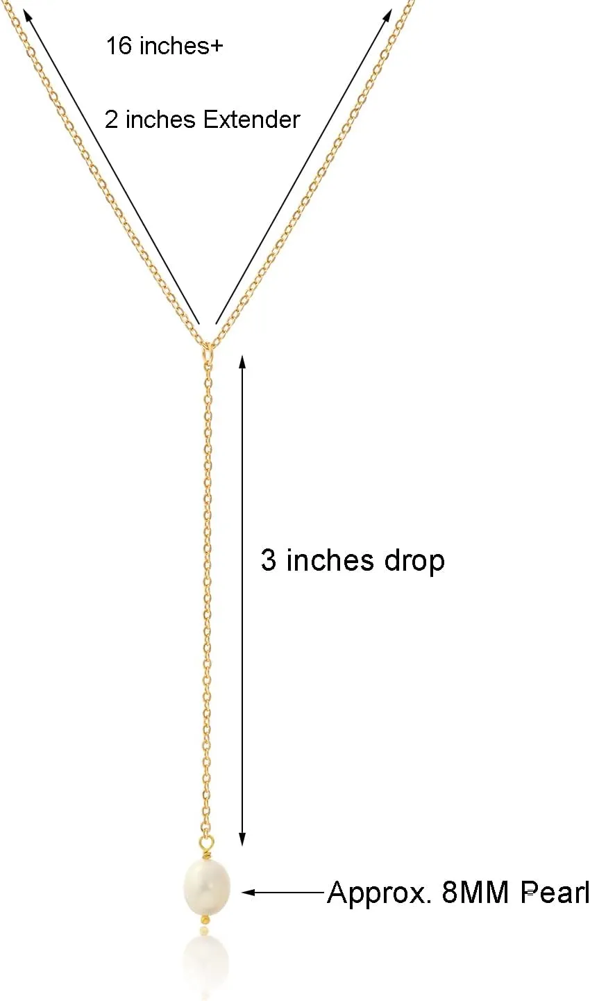 Gold Y Necklace for Women,Dainty Lariat Necklace,Y Shaped Pearl Necklaces,CZ Diamond Crystal Stone Drop Pendant Necklace,18K Gold Plated
