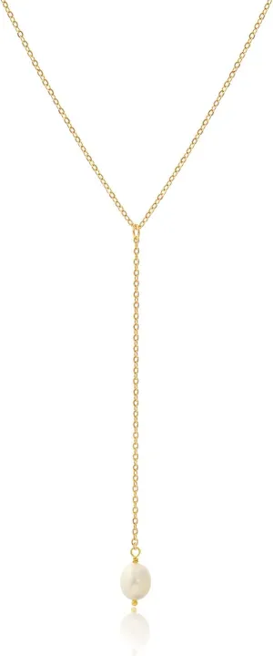 Gold Y Necklace for Women,Dainty Lariat Necklace,Y Shaped Pearl Necklaces,CZ Diamond Crystal Stone Drop Pendant Necklace,18K Gold Plated