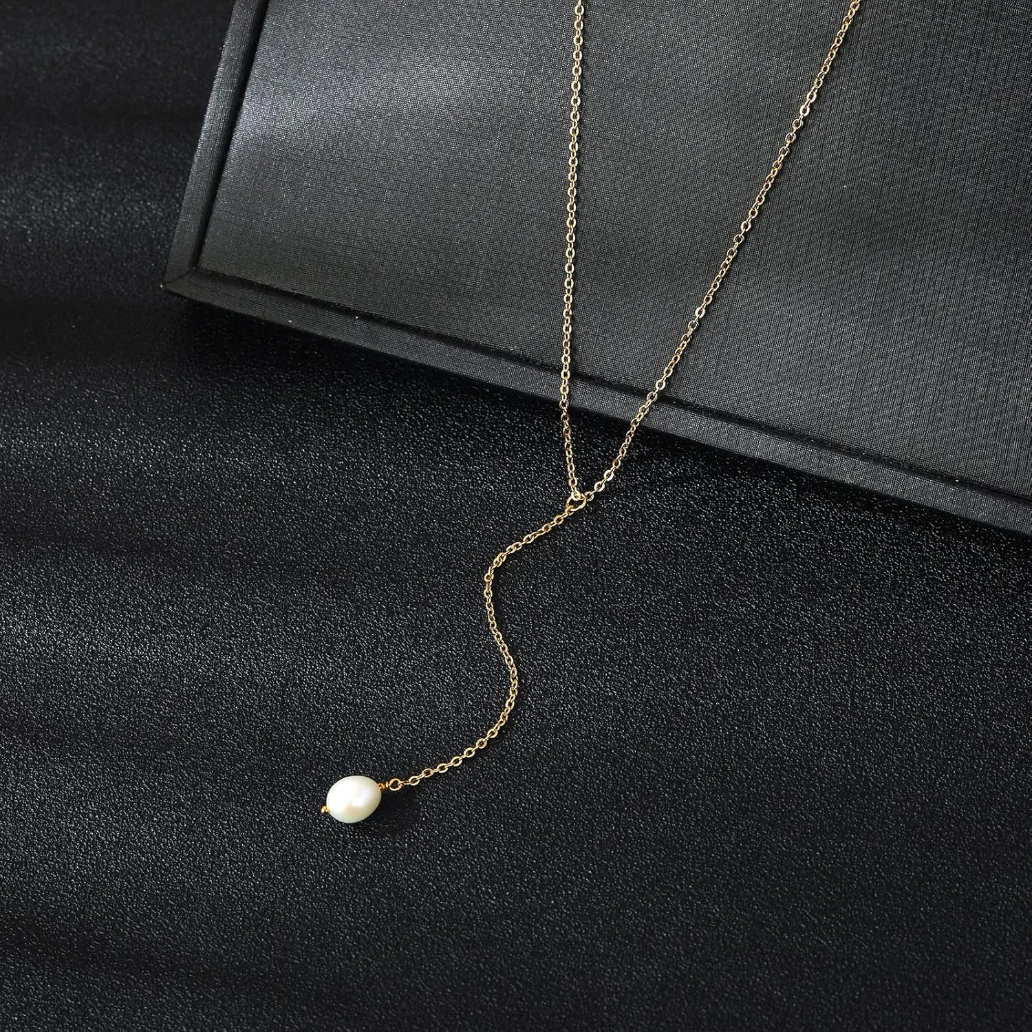 Gold Y Necklace for Women,Dainty Lariat Necklace,Y Shaped Pearl Necklaces,CZ Diamond Crystal Stone Drop Pendant Necklace,18K Gold Plated
