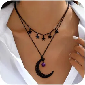 Gothic Layered Moon Star Pendant Necklace for Women Goth Black Crescent Moons Choker Statement Necklaces Darkness Witchy Clothes Jewelry Accessories