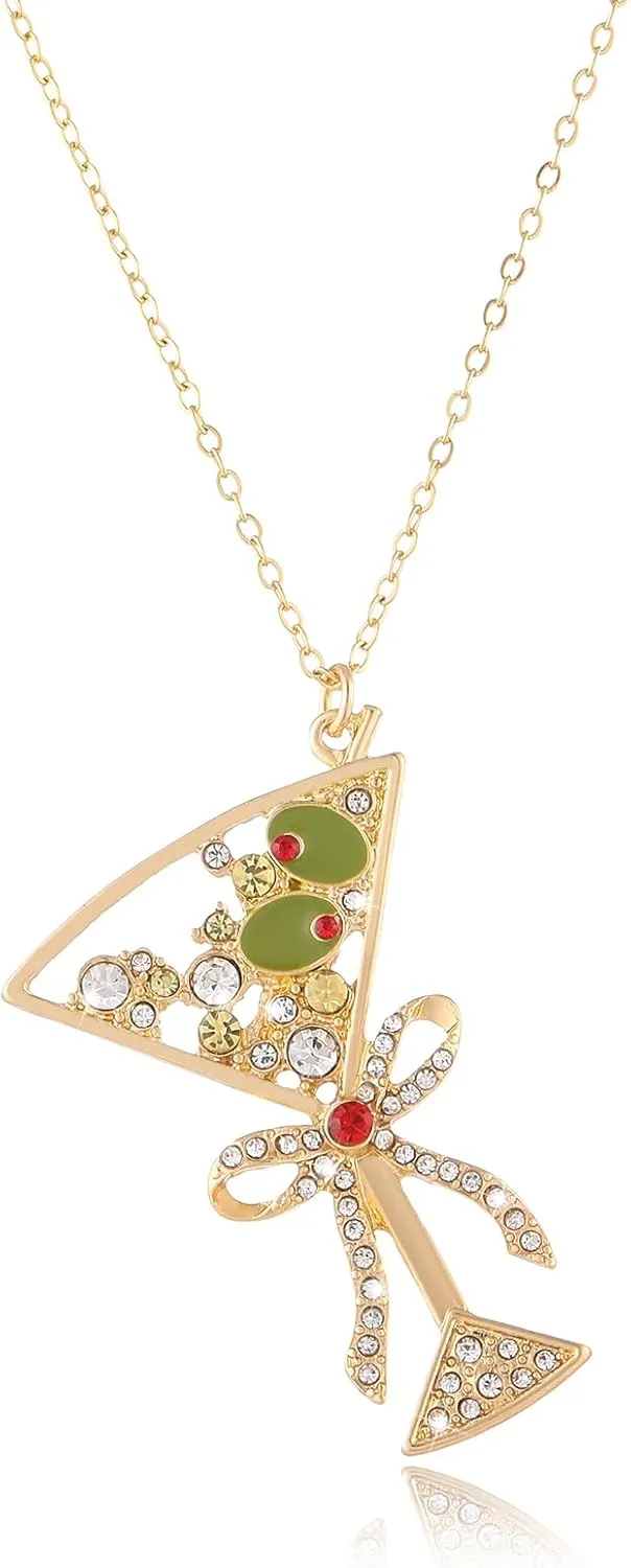 Green Olive Martini Pendant Necklace for Women | Olive Martini Cocktail Necklace for Women | Martini Jewelry Gift for Women