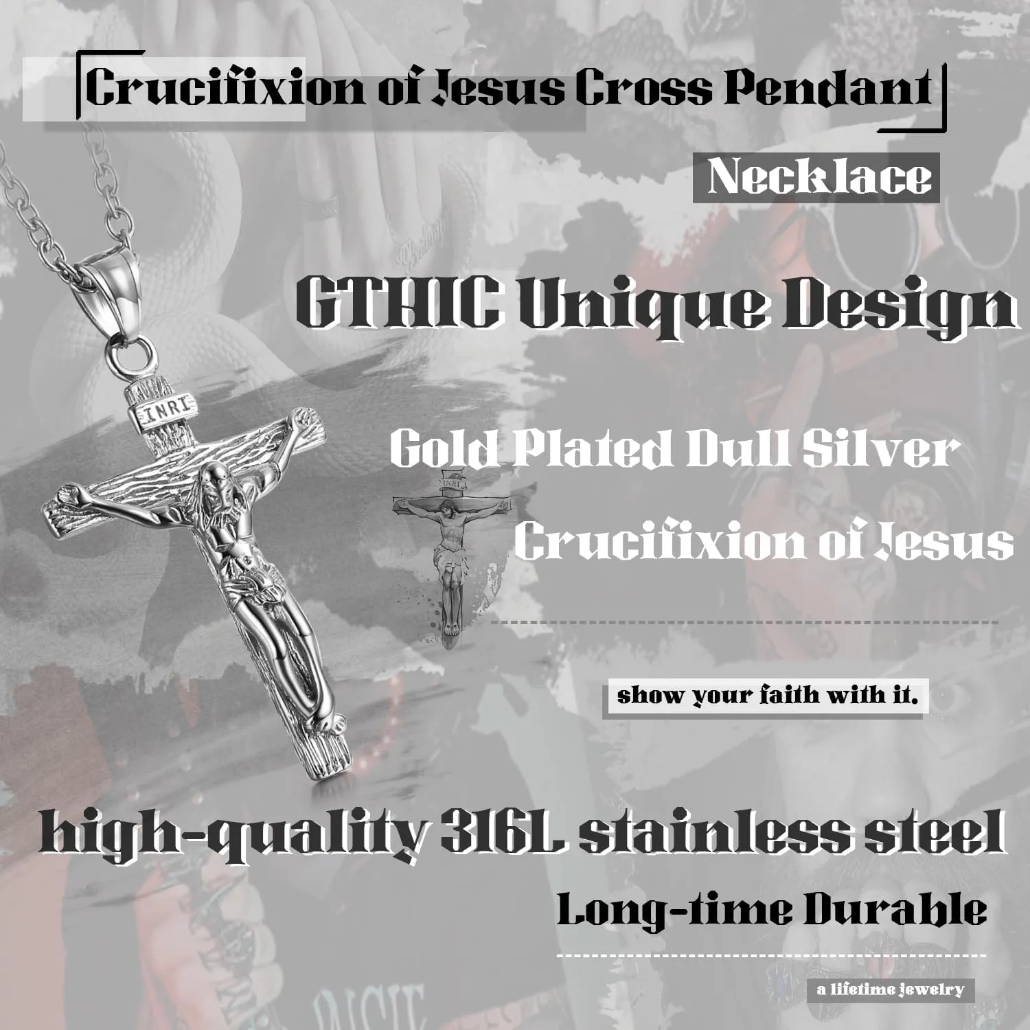 GTHIC Men's Stainless Steel Jesus Christ Crucifix Pendant Necklaces Religion Jewelry Gift
