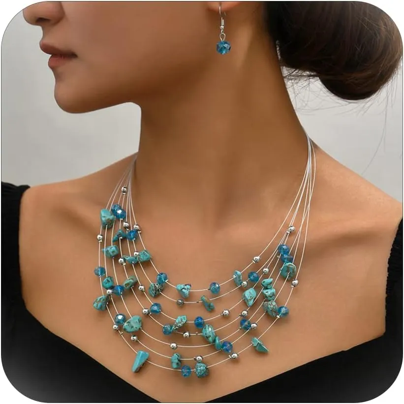 Harry and Henry Chunky Necklaces for Women Crystal Layered Statement Necklace Multi Layer Chunky Beaded Necklace Boho Jewelry Beach Summer Gifts