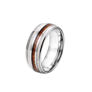 Hawaiian Koa Wood Rings for Men Wedding Band Tungsten Ring with Deer Antler Inlay 8mm Polished Silver with Comfort Fit Sizing Unique Rustic Hunting Gifts for Him